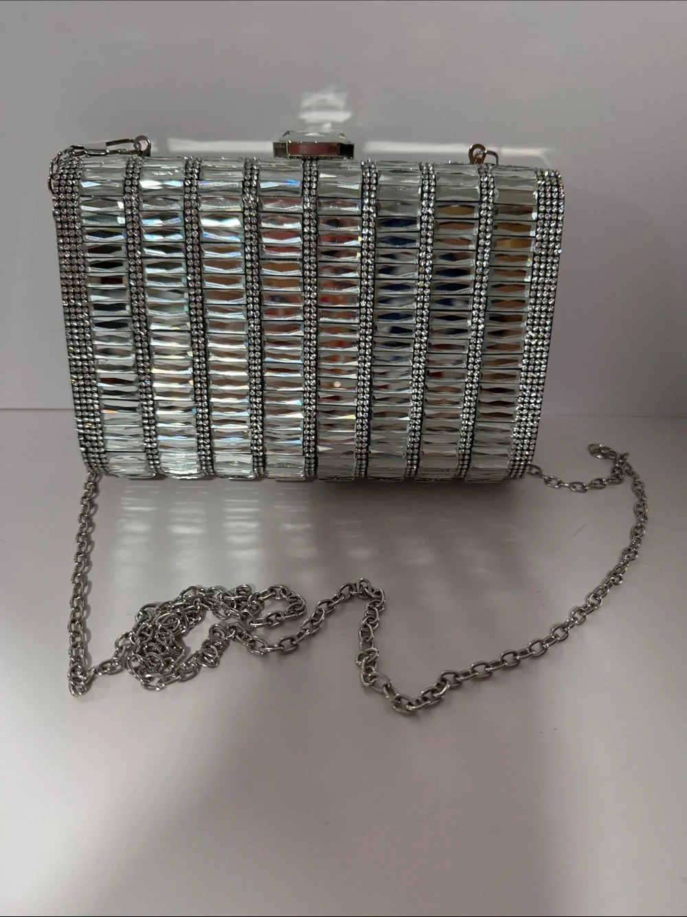 Source Unknown Silver Crystal-Striped Evening Clutch